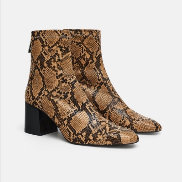 Zara Snakeskin Trendy Block Heel Zip Ankle Pointed Toe - Picture 5 of 12